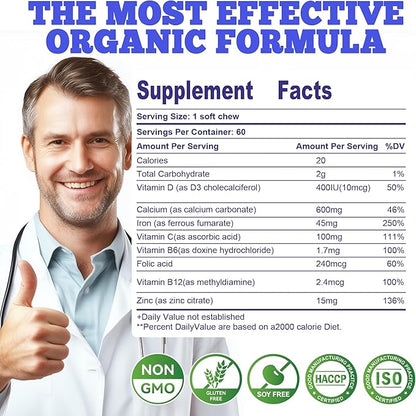 Iron Soft Chew Supplement with Vitamin C | Blueberry Flavored | Gluten Free | Iron Supplement for Women Men and Kids | 60 Count | 2 Month Supply