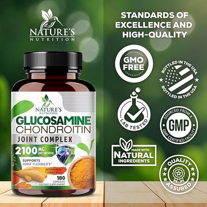 Glucosamine Chondroitin MSM 2100mg Complex - Joint Support Supplement Turmeric & Boswellia, Triple Strength Glucosamine Capsules - Support for Joint Mobility with Quercetin Bromelain - 180 Capsules