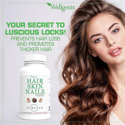 Wellgenix Purvana Hair, Skin, and Nails Vitamin Softgels for High Absorption - Double Strength 2500mcg Biotin, VIT A & B (90 Count) 2 Pack