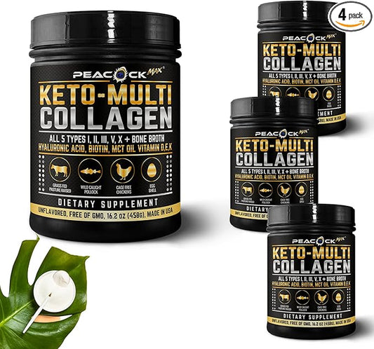 Multi Collagen Protein Powder 16.2 oz (4 Pack) | 5 Types with Bone Broth, Hydrolyzed Peptides, Biotin & MCT Oil, Unflavored, Supports Skin, Hair, Nails, Joints & Gut Health, Keto Friendly