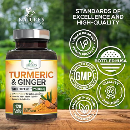 Turmeric Supplement Curcumin 2600mg - with Organic Ginger & Turmeric, BioPerine Black Pepper Extract 95% Curcuminoids - Advanced Absorption Antioxidant & Joint Support - Vegan - 120 Capsules