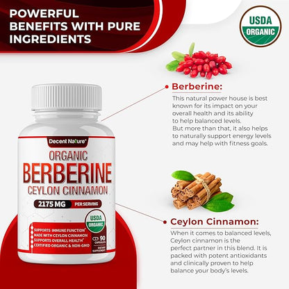 Organic Berberine with Ceylon Cinnamon 2175mg - Premium berberine supplement high purity extract USDA Organic, support immune system, Berberine Plus Complex, Non-GMO Vegan for Men Women 90 Capsules