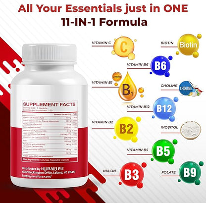 Vitamin B Complex Vitamin B1, B2, 6,9,12 Niacin, with Vitamin C - Support Brain Health, Energy Levels, Skin, Hair, and Nails - Made and Tested in The USA