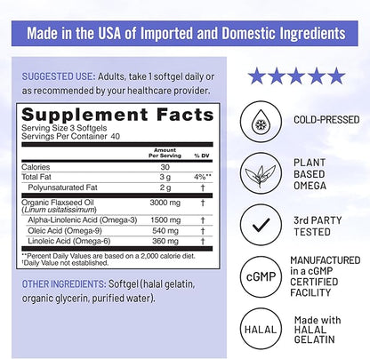 NatureWise Flaxseed Oil 3000 mg, Fish Free Omega 3 with 1500 mg ALA, Dietary Supplement for Immune Health Support - Organic, Cold Pressed, Non-GMO - 120 Softgels[40-Day Supply]