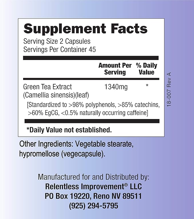 EGCG Green Tea Extract 90 Capsules 670mg Extract Per Capsule Standardized to 98%+Polyphenols 60% EgCG Very Low Caffeine