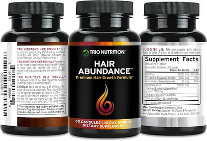 TRIO NUTRITION Hair Abundance | Natural Vitamin Supplement for Hair Growth, Strong Nails and Smooth Skin| Boosted with Collagen, Keratin, Zinc & Selenium | Biotin 10000mcg | 30 Day Supply