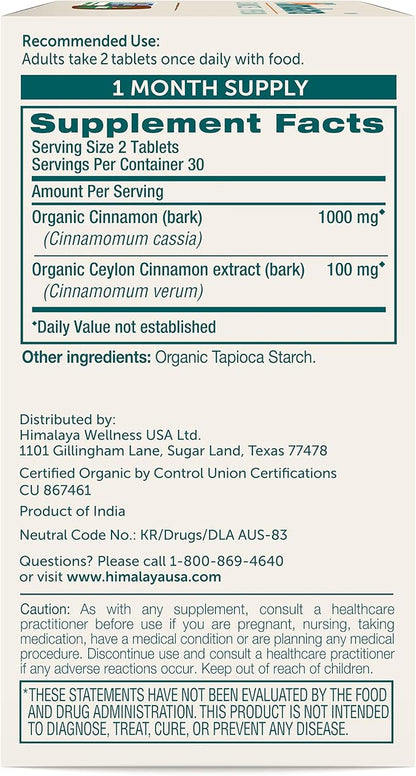 Himalaya Organic Cinnamon, for Glycemic Support, 1100 mg Daily, 60 Tablets, from Cassia Cinnamon Bark and Ceylon Cinnamon Extract, Non-GMO Project Verified, Vegan, Gluten Free Herbal Supplement