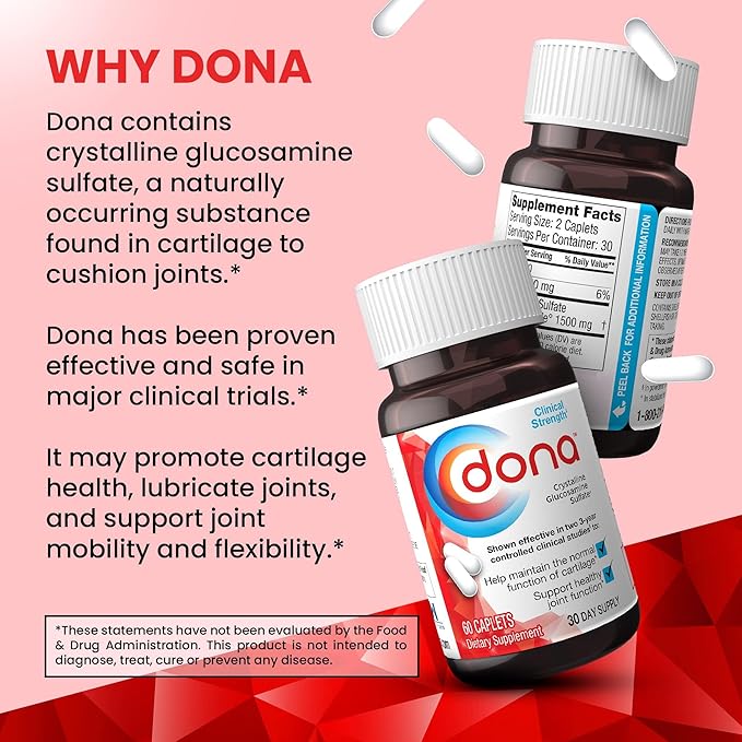 Dona Crystalline Glucosamine Sulfate, 750 Mg, Joint Supplement Pills for Knee Comfort & Joint Health Support, 750 Mg, 60 Count (2 Pack).
