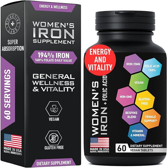 Vegan Iron Supplements for Women with Folic Acid - 168% Folate Folic Acid, 194% Ferrous Sulfate Blood Builder with Anemia and Pregnant Women - 60 Gluten-Free Gentle Iron Tablets
