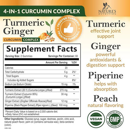 Turmeric Gummies with Black Pepper & Ginger for Best Absorption, 95% Curcuminoids Tumeric Curcumin Gummy, Nature's Herbal Extract Joint Support Supplement, Vegan Non-GMO, Peach Flavor - 120 Gummies