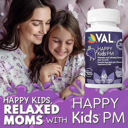 VAL Sugar-Free Calm Magnesium for Kids PM Chewable Tablets | Magnesium Glycinate, Citrate & Taurate | Chamomile & Vitamins B6 & C | Bedtime Support | Non-GMO | Grape Flavor | 60 Count