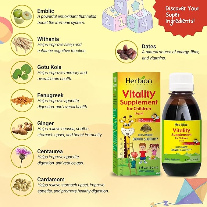 HERBION Naturals Vitality Supplement for Children, Promotes Growth and Appetite, Relieves Fatigue, Improves Mental & Physical Performance, for Kids 1 Year & Above, 5 Fl Oz (Pack of 1)