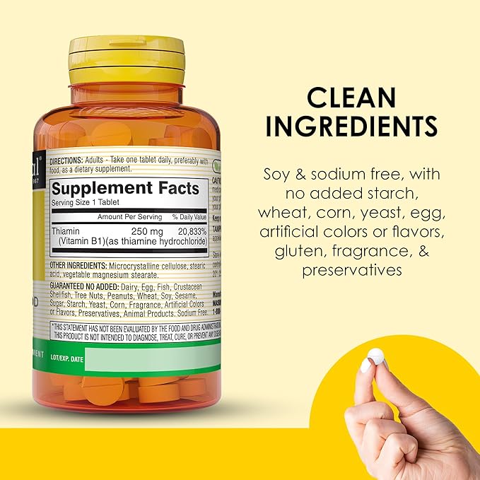 MASON NATURAL Vitamin B1 Thiamine 250 mg, 300-Day Supply, Dietary Supplement to Support Natural Energy Levels, 100 Tablets (Pack of 3)