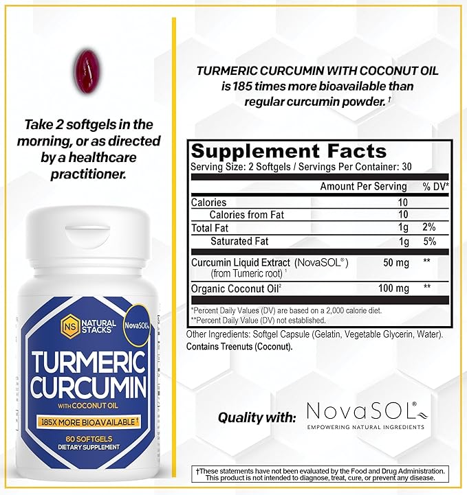 Turmeric Curcumin Supplement - Organic Turmeric Supplement with Coconut Oil for Optimal Absorption - Supports Joint Health, Heart and Brain Function, Immunity - 60 Coconut Oil SoftGels