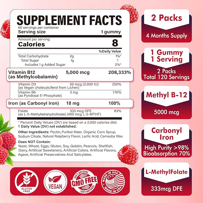 Iron 18mg + B12 Vitamins 5000 mcg Gummies for Adults Women & Men - w/Ultra Strength Active Methyl B-12, L-MethylFolate & B6 (P5P) - Carbonyl Iron Supplement Gummy for Energy, Immune & Focus,120Cts