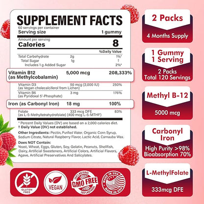 Iron 18mg + B12 Vitamins 5000 mcg Gummies for Adults Women & Men - w/Ultra Strength Active Methyl B-12, L-MethylFolate & B6 (P5P) - Carbonyl Iron Supplement Gummy for Energy, Immune & Focus,120Cts