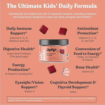 Chewsy Kids’ Multivitamin, Delicious Candy-Style Daily Vitamin Chews + Probiotics + Superfoods, Wild Berry Flavor Chewable Fruity Supplement Chews, Individually Wrapped, Easy to Enjoy, 30-Day Supply