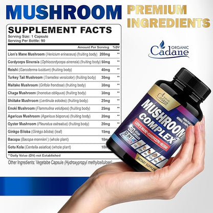 Organic Cadane Mushroom Complex Supplements - Brain Health, Immune System, Memory & Energy Production - 13in1 with Lions Mane Mushroom, Bacopa, Reishi & More - 90 Vegan Capsules