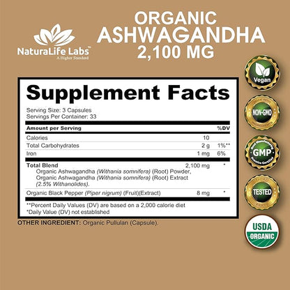 Organic Ashwagandha 2,100 mg - 100 Veggie Capsules Pure Organic Ashwagandha Powder and Root Extract - Stress Relief, Mood Enhancer