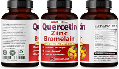 Premium High Purity Quercetin 98% with Bromelain Capsules Equivalent to 3470 mg - Maximum Potency with Green Tea Ashwagandha - Supports Overall Health Strength Energy - 90 Days Supply