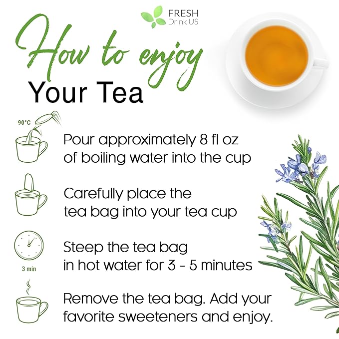 FreshDrinkUS, 20 Rosemary Leaf Tea Bags - 100% Natural and Pure Rosemary Dried Leaves, No Additives, No Caffeine, No Gluten, Vegan