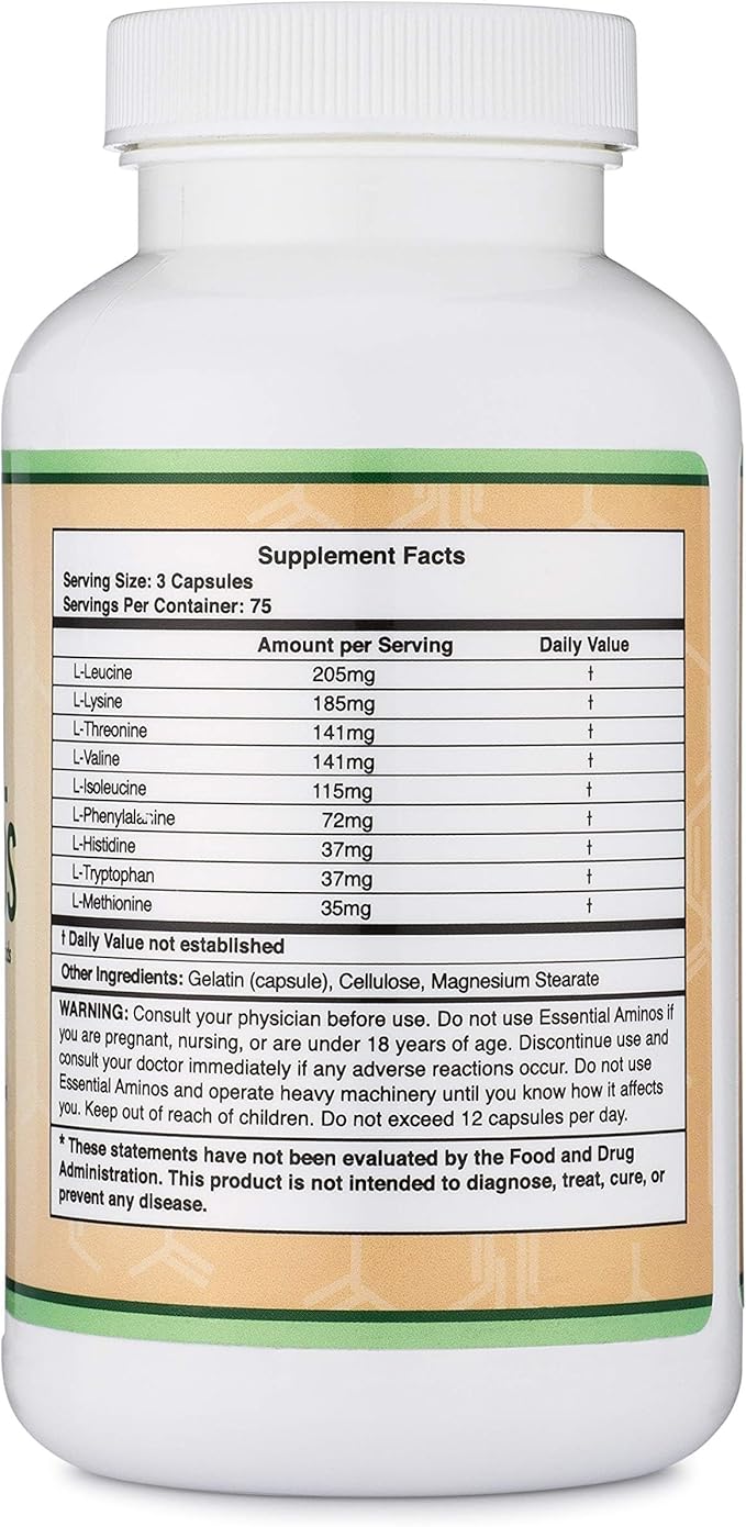 Essential Amino Acids - 1 Gram Per Serving Powder Blend of All 9 Essential Aminos (EAA) and All Branched-Chain Aminos (BCAAs) (Leucine, Isoleucine, Valine) 225 Capsules, Gluten Free by Double Wood