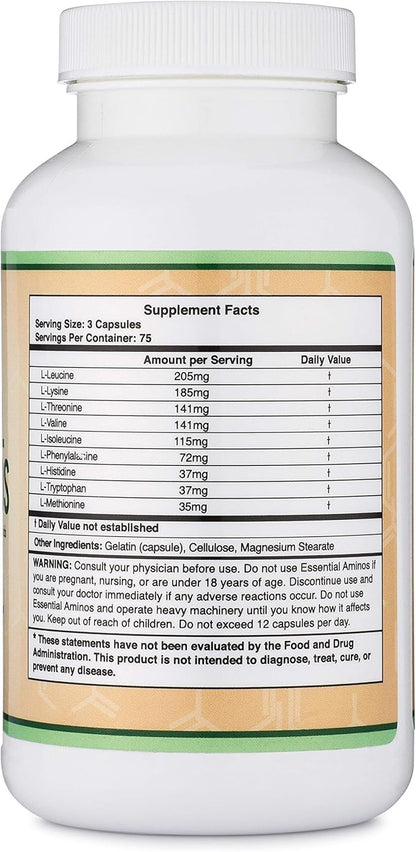 Essential Amino Acids - 1 Gram Per Serving Powder Blend of All 9 Essential Aminos (EAA) and All Branched-Chain Aminos (BCAAs) (Leucine, Isoleucine, Valine) 225 Capsules, Gluten Free by Double Wood