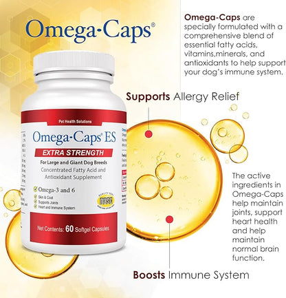 Omega-Caps Extra Strength for Large Breeds-Vet Formulated for Healthy Radiant Skin & Coat While Reducing Excess Shedding. Contains Omega 3 for Immune System Support, Easy to Dose, 60 Soft Gel Capsules