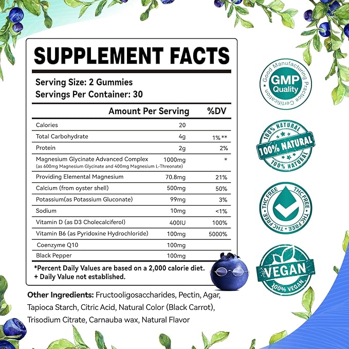 Magnesium Glycinate Gummies 1000mg - Sugar Free Magnesium Potassium Supplement with Vitamin D, B6, CoQ10 for Calm Mood & Sleep Support - 60 Blueberry Gummies