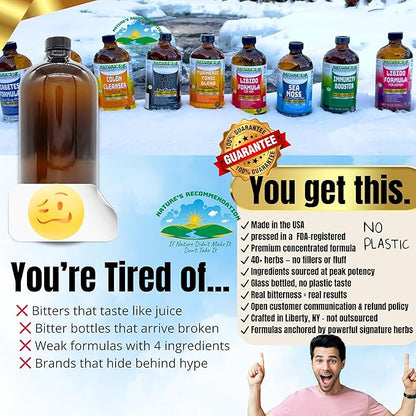 Turmeric Tonic Blend Liquid Drop Plus Living Bitters, 16 oz, with Alkalized Spring Water Amber Glass Bottle