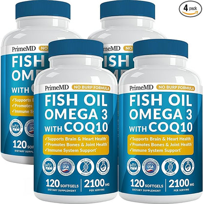 5-in-1 Fish Oil Omega 3 Fatty Supplements (2100mg) - Omega 3 Fish Oil with Vitamins D3 K2 and CoQ10 - Lemon Flavored (120 softgels, Pack of 4)