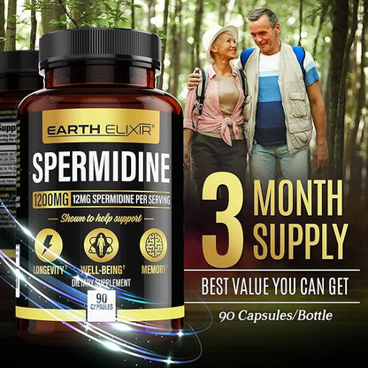 Spermidine Supplements 1200mg (90 Capsules) – Anti Aging - 3rd Party Tested (12mg Spermidine Powder) Max Purity - 100% Pure Espermidina- Fermented Wheat Germ Extract - NMN Alternative
