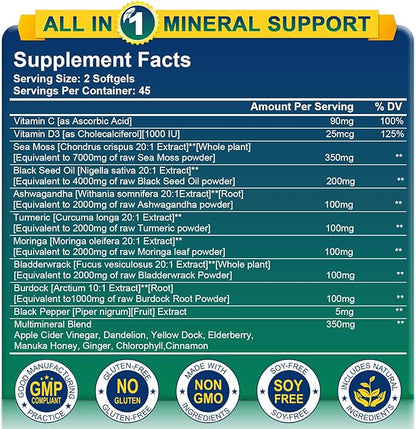 Nature's live Organic Sea Moss Softgels, with Black Seed Oil, Ashwagandha, Bladderwrack, Ginger, Burdock Root, Manuka Honey, Cinnamon for Immune System, Skin, Energy, 90 Softgels, 1 Pack