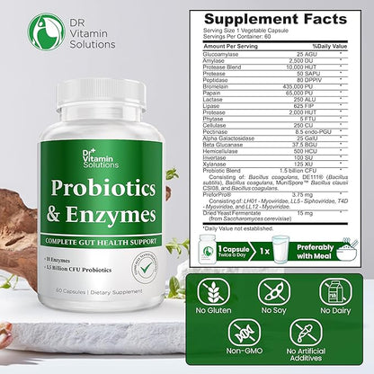 Dr. Vitamin Multi Enzymes, Pre and Probiotics for Digestive Health | 18 Active Enzymes & 1.5 Billion CFU Probiotics for Women & Men | Digestive Enzymes w/Prebiotics for Bloating Relief | 60 Capsules