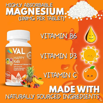 VAL Magnesium for Kids | High-Absorption Magnesium for Calm, Relaxation & Focus | Mg Glycinate, Citrate & Taurate | with Vitamin B6, D & C | Sugar-Free, Non-GMO | 60 Chewable Tablets