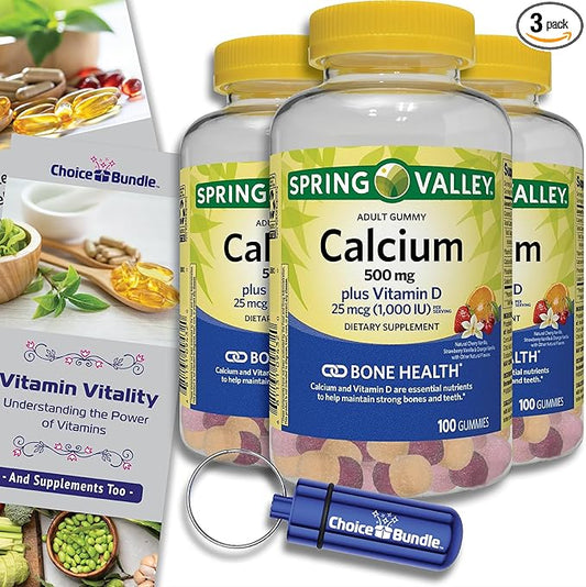 Spring Valley Calcium 500 mg Plus Vitamin D 25 mcg Bone Health Dietary Supplement Gummies, 100 Ct 3 pk (300 Total) + Vitamin Guide and Pill Container (5 Items)!