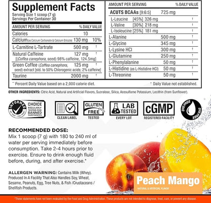 ALLMAX Nutrition AMINOCUTS (ACUTS), Amino-Charged Energy Drink with Taurine, L-Carnitine, Green Coffee Bean Extract, Peach Mango, 30 Servings