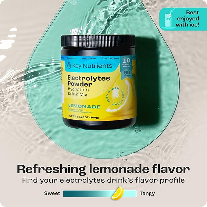 KEY NUTRIENTS Multivitamin Electrolytes Powder No Sugar - Refreshing Lemonade Electrolyte Powder - Sodium & Energy Supplement - Hydration Powder - No Calories - 90 Servings - Made in USA