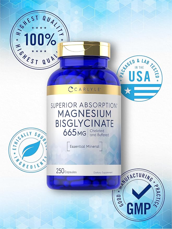 Carlyle Buffered Magnesium Bisglycinate 665 mg | 250 Capsules | Chelated Essential Mineral | Non-GMO and Gluten Free Supplement
