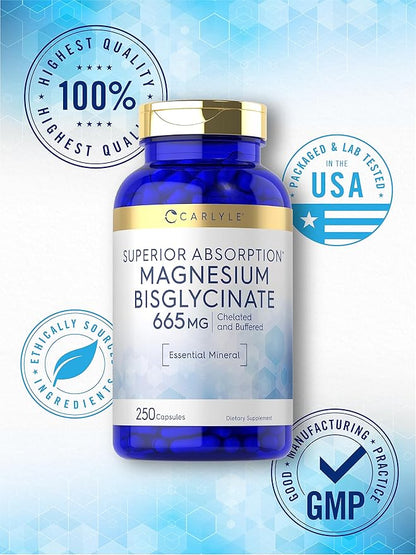 Carlyle Buffered Magnesium Bisglycinate 665 mg | 250 Capsules | Chelated Essential Mineral | Non-GMO and Gluten Free Supplement
