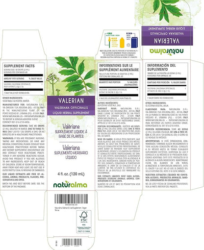 Naturalma Valerian (Valariana officinalis) Root Alcohol-Free Tincture - 4 fl oz Liquid Extract in Drops - Herbal Supplement - Vegan