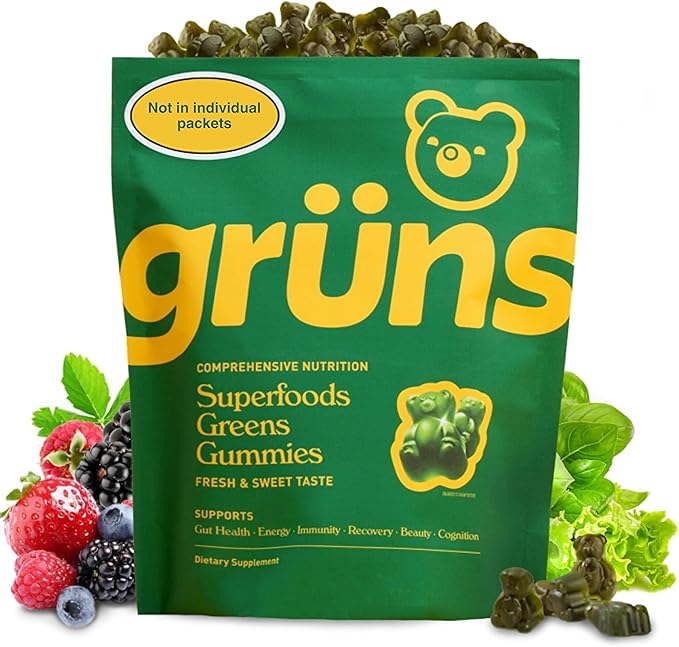 Gruns Adult Super Greens Gummies - Superfood Gummy Bears with Spirulina, Chlorella & Prebiotics for Digestive Health - Adaptogens Supplement with 20 Vitamins & Minerals, Low Sugar- 2-Week Supply