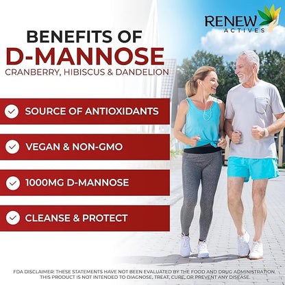 Renew Actives High Potency D-Mannose & Cranberry Complex 1000MG per 2 Capsules – with Hibiscus & Dandelion Extracts – Antioxidant Blend – No Artificial Flavours - Made in Canada - 120 Capsules