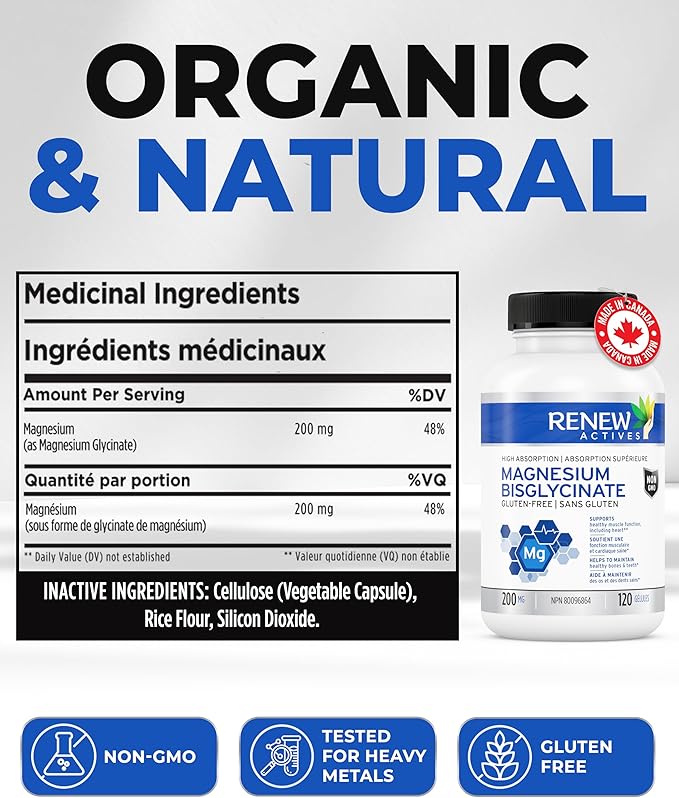 RENEW ACTIVES Magnesium Glycinate 400MG per 2 Capsules Pure Magnesium Bisglycinate for Full Body Relaxation, Sleep, Muscles, Bones & Energy - Electrolyte Balance - Made in Canada -120 Capsules