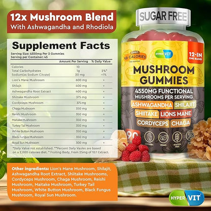 12in1 Mushroom Gummies 4550mg w Ashwagandha Shilajit Lion’s Mane Cordyceps Shiitake Chaga - Complex Mushrooms Supplement for Adults - Energy and Cognitive Focus – Sugar Free - 90 Count (45 servings)