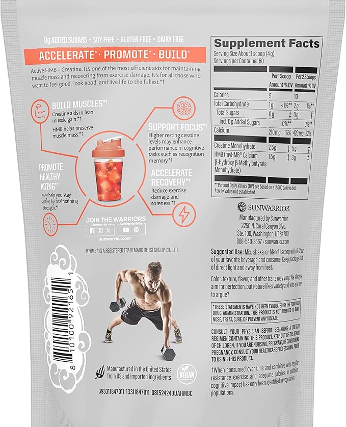 Sunwarrior HMB + Creatine Monohydrate Powder Micronized PreWorkout Leucine Recovery Supplement for Men & Women 240g Pouch | Unflavored 30 Servings