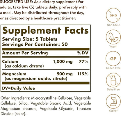 Solgar Calcium Magnesium Citrate, 250 Tablets - Supports Healthy Bones & Teeth - Musculoskeletal & Nervous System Support - Highly Absorbable - Non-GMO, Vegan, Gluten-Free, Dairy Free - 50 Servings