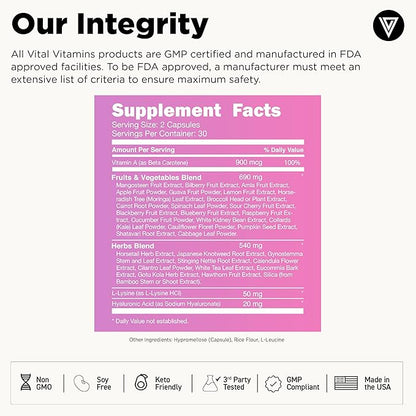 Vital Vitamins Vegan Collagen Booster - Plant-Based Collagen Supplements - Supports Hair, Skin, Nails & Joints - with Hyaluronic Acid - 60 Capsules