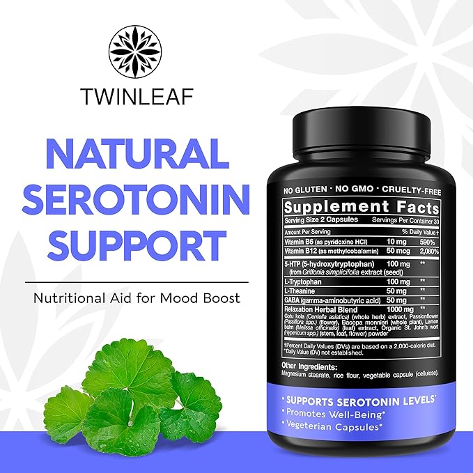 Natural Serotonin Supplement - Made in USA 5HTP Serotonin & Cortisol Manager - Serotonin Booster Vitamin Supplement for Women with 5-HTP, Vitamin B6, B12, GABA, L Theanine, L Tryptophan - 60 capsules