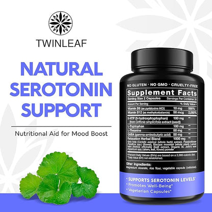 Natural Serotonin Supplement - Made in USA 5HTP Serotonin & Cortisol Manager - Serotonin Booster Vitamin Supplement for Women with 5-HTP, Vitamin B6, B12, GABA, L Theanine, L Tryptophan - 60 capsules
